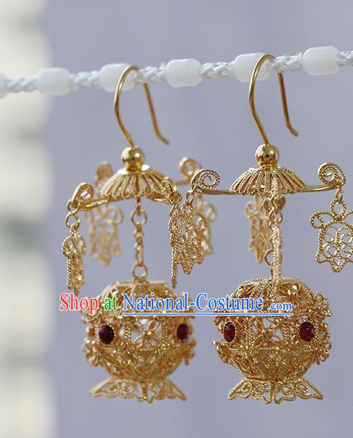 Handmade Traditional Court Tourmaline Ear Jewelry Chinese Ancient Ming Dynasty Golden Lantern Earrings Accessories