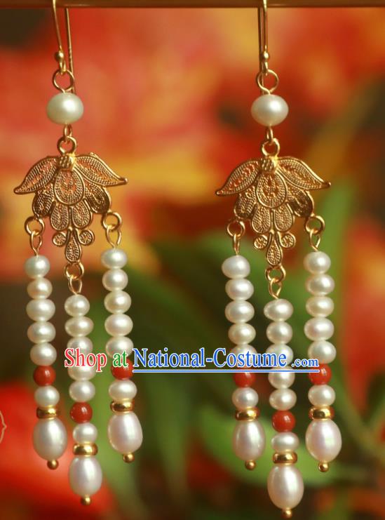 Handmade Traditional Chinese Court Ear Jewelry Ancient Ming Dynasty Pearls Tassel Earrings Accessories