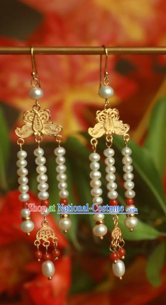 Handmade Chinese Traditional Ming Dynasty Pearls Tassel Earrings Accessories Ancient Court Golden Butterfly Ear Jewelry