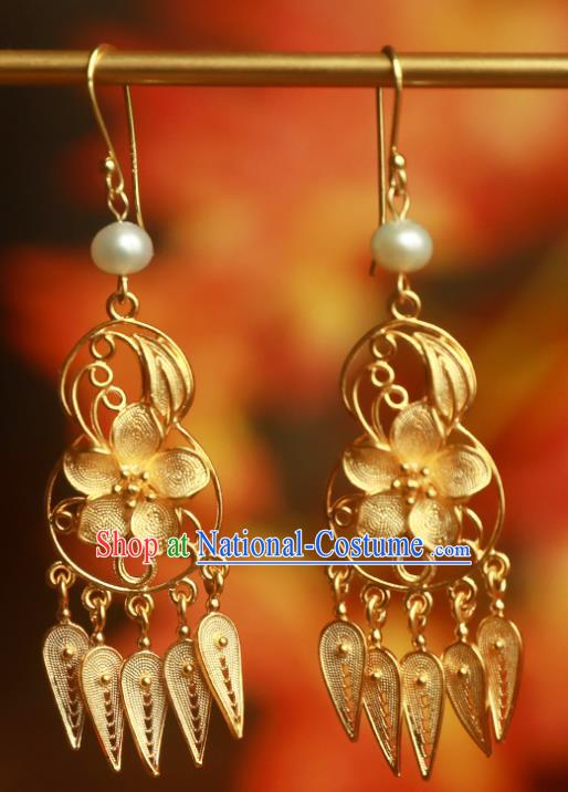 Handmade Chinese Ancient Court Golden Plum Ear Jewelry Ming Dynasty Pearls Earrings Traditional Accessories