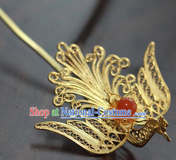 China Handmade Court Agate Bead Hair Stick Traditional Palace Hair Jewelry Ancient Ming Dynasty Empress Golden Phoenix Hairpin