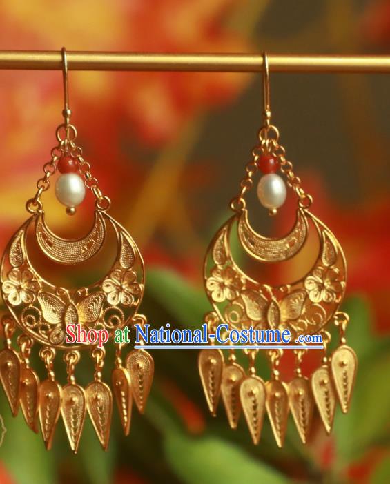 Handmade Chinese Ming Dynasty Pearls Earrings Traditional Accessories Ancient Court Golden Butterfly Ear Jewelry