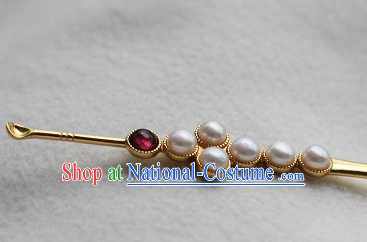 China Ancient Ming Dynasty Garnet Hair Stick Traditional Palace Hair Jewelry Handmade Court Empress Pearls Hairpin