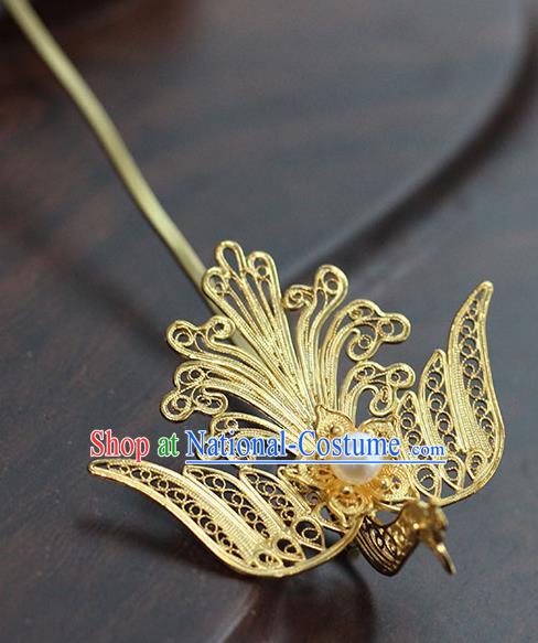 China Traditional Palace Hair Jewelry Ancient Ming Dynasty Empress Golden Phoenix Hairpin Handmade Court Pearl Hair Stick