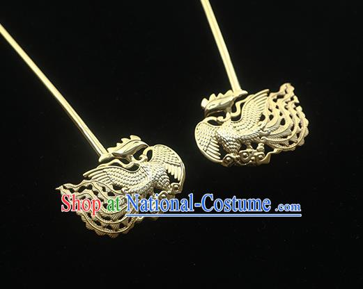 China Handmade Ancient Court Empress Golden Phoenix Hairpin Traditional Palace Hair Jewelry Ming Dynasty Hair Stick