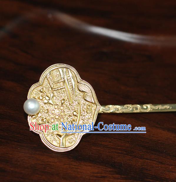 China Ancient Ming Dynasty Empress Golden Hairpin Handmade Court Pearl Hair Stick Traditional Palace Hair Jewelry