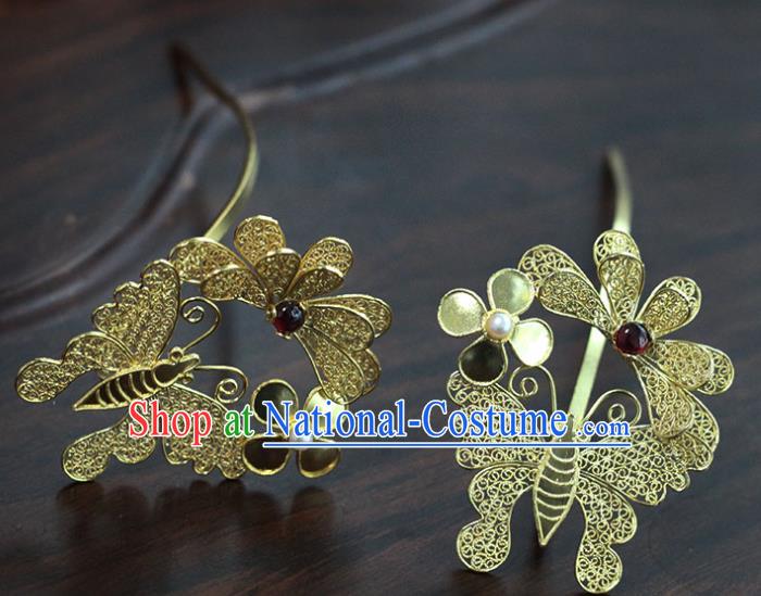 China Handmade Court Garnet Hair Stick Traditional Palace Hair Jewelry Ancient Ming Dynasty Empress Golden Butterfly Hairpin