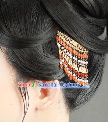 China Traditional Red Beads Tassel Hair Comb Handmade Palace Hair Jewelry Ancient Ming Dynasty Court Golden Peony Hairpin