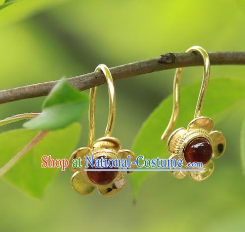 Handmade Chinese Garnet Earrings Traditional Accessories Ancient Court Hanfu Golden Plum Ear Jewelry