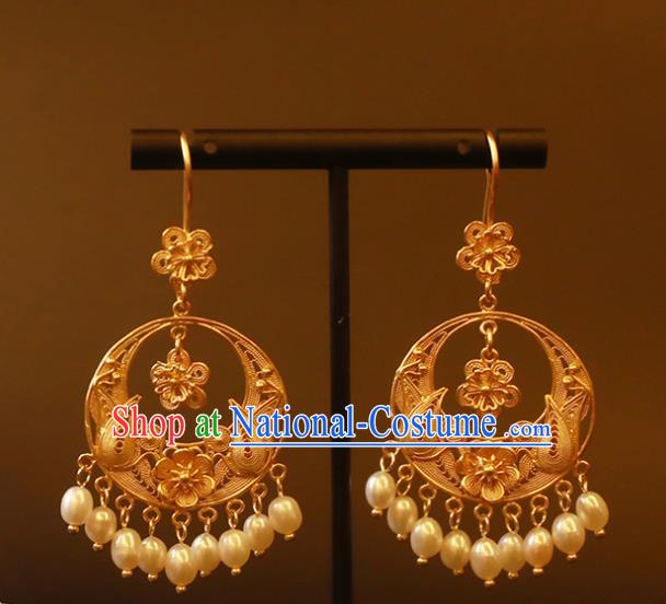 Handmade Chinese Ancient Court Hanfu Pearls Tassel Ear Jewelry Wedding Golden Earrings Traditional Accessories