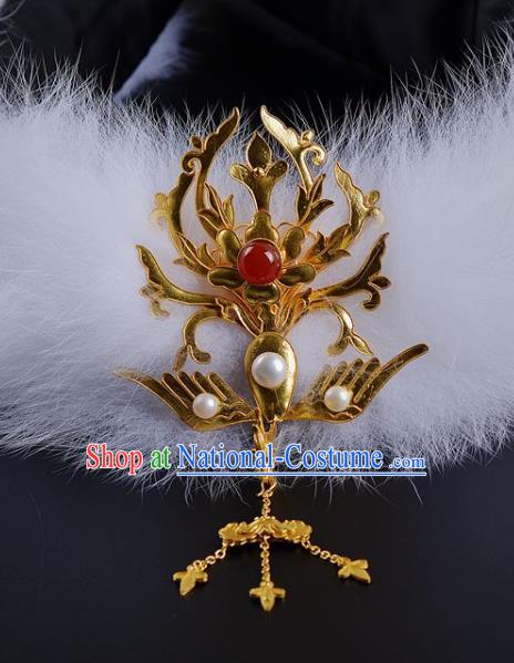 China Traditional Ming Dynasty Golden Phoenix Hair Crown Handmade Palace Hair Jewelry Ancient Queen Hairpin