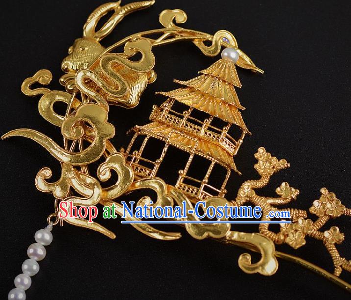 China Ancient Empress Golden Palace Hairpin Handmade Hair Jewelry Traditional Ming Dynasty Beads Tassel Hair Stick