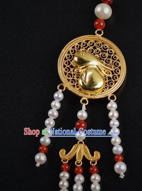 China Ancient Empress Golden Palace Hairpin Handmade Hair Jewelry Traditional Ming Dynasty Beads Tassel Hair Stick