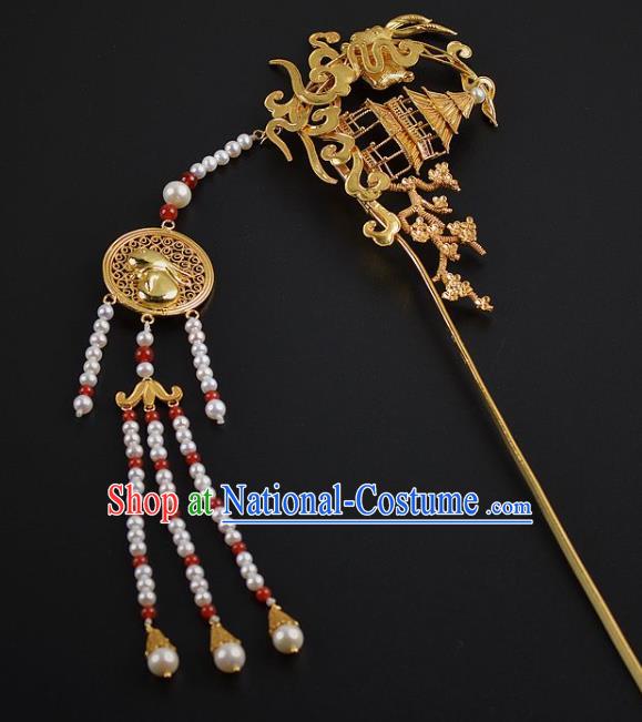 China Ancient Empress Golden Palace Hairpin Handmade Hair Jewelry Traditional Ming Dynasty Beads Tassel Hair Stick