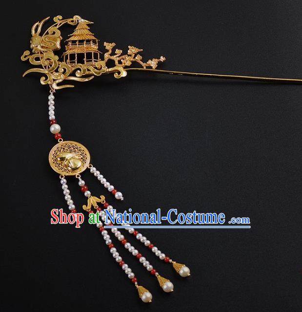 China Ancient Empress Golden Palace Hairpin Handmade Hair Jewelry Traditional Ming Dynasty Beads Tassel Hair Stick