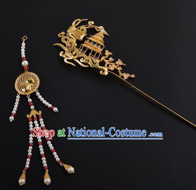 China Ancient Empress Golden Palace Hairpin Handmade Hair Jewelry Traditional Ming Dynasty Beads Tassel Hair Stick