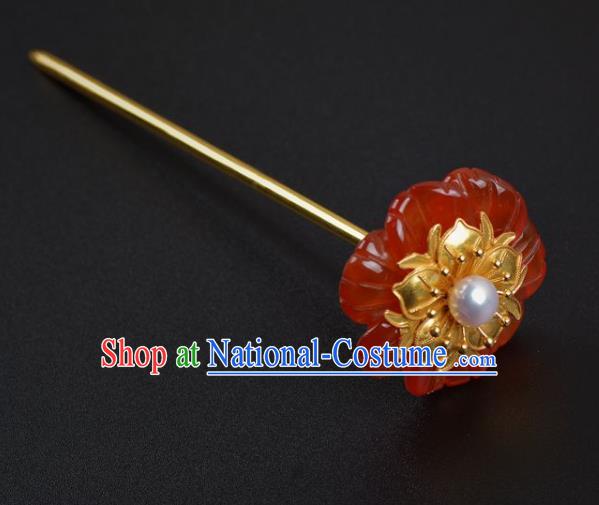 China Traditional Ming Dynasty Agate Hair Stick Handmade Hair Jewelry Ancient Princess Red Flower Hairpin