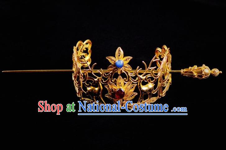 Chinese Traditional Hanfu Hair Accessories Ancient Ming Dynasty Prince Golden Hairdo Crown Hairpin