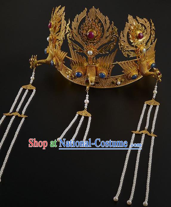 China Traditional Ming Dynasty Phoenix Coronet Handmade Hair Jewelry Ancient Empress Tassel Hair Crown