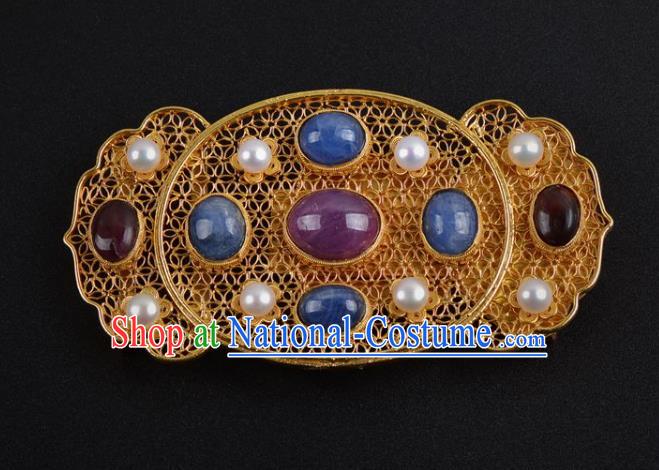 Chinese Traditional Hanfu Waist Accessories Ancient Ming Dynasty Emperor Gems Golden Belt Buckle