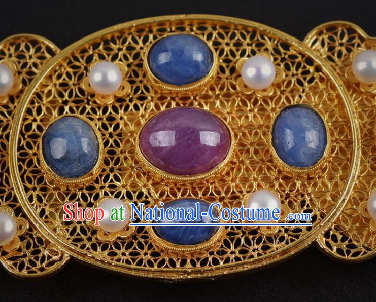 Chinese Traditional Hanfu Waist Accessories Ancient Ming Dynasty Emperor Gems Golden Belt Buckle