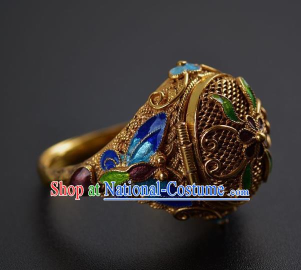 Handmade Chinese Ancient Court Ring Jewelry Traditional Qing Dynasty Cloisonne Butterfly Accessories