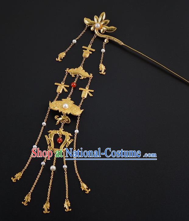 China Ancient Empress Golden Lotus Hairpin Handmade Palace Hair Jewelry Traditional Ming Dynasty Tassel Hair Stick