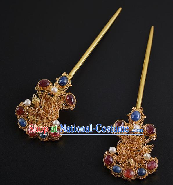 China Ancient Empress Gems Hairpin Handmade Palace Hair Jewelry Traditional Ming Dynasty Pearls Golden Hair Stick