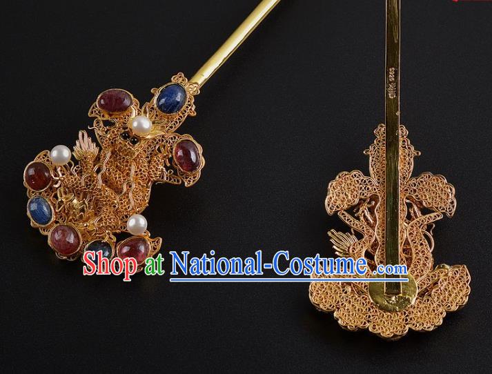 China Ancient Empress Gems Hairpin Handmade Palace Hair Jewelry Traditional Ming Dynasty Pearls Golden Hair Stick