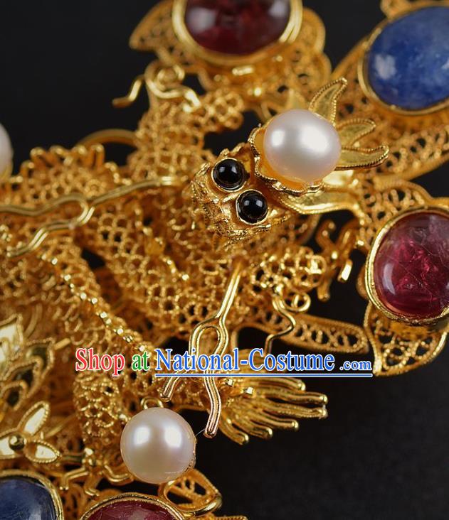 China Ancient Empress Gems Hairpin Handmade Palace Hair Jewelry Traditional Ming Dynasty Pearls Golden Hair Stick