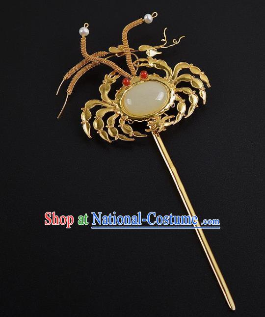 China Ancient Empress Golden Crab Hairpin Handmade Palace Hair Jewelry Traditional Ming Dynasty White Chalcedony Hair Stick