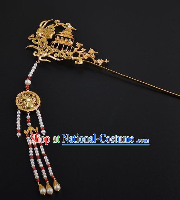 China Ancient Empress Golden Palace Hairpin Handmade Hair Jewelry Traditional Ming Dynasty Beads Tassel Hair Stick