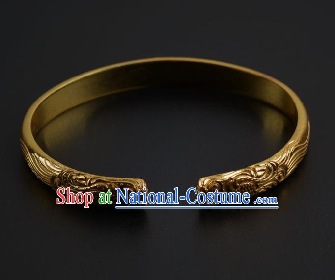 Handmade Chinese Ancient Court Golden Bracelet Jewelry Traditional Tang Dynasty Carving Bangle Accessories