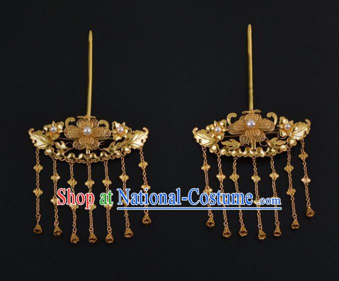 China Traditional Tang Dynasty Tassel Hairpin Handmade Hair Jewelry Ancient Empress Golden Peony Pearls Hair Stick