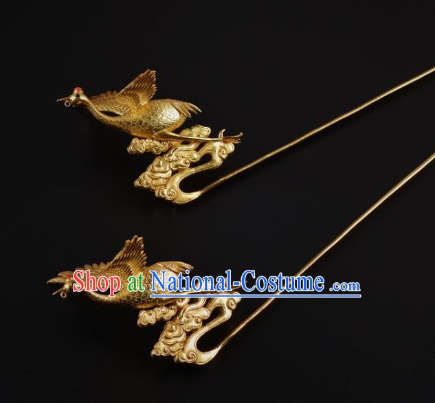 China Ancient Empress Golden Crane Hair Stick Traditional Ming Dynasty Palace Hairpin Handmade Hair Jewelry