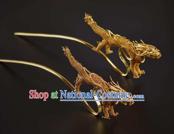 China Traditional Ming Dynasty Filigree Golden Dragon Hairpin Handmade Hair Jewelry Ancient Empress Hair Stick