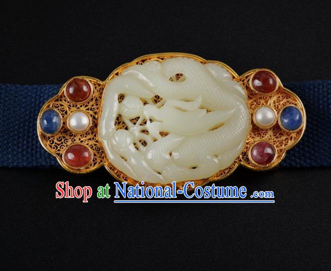 Chinese Traditional Hanfu Gems Waist Accessories Ancient Ming Dynasty Emperor Jade Dragon Belt Buckle Decoration