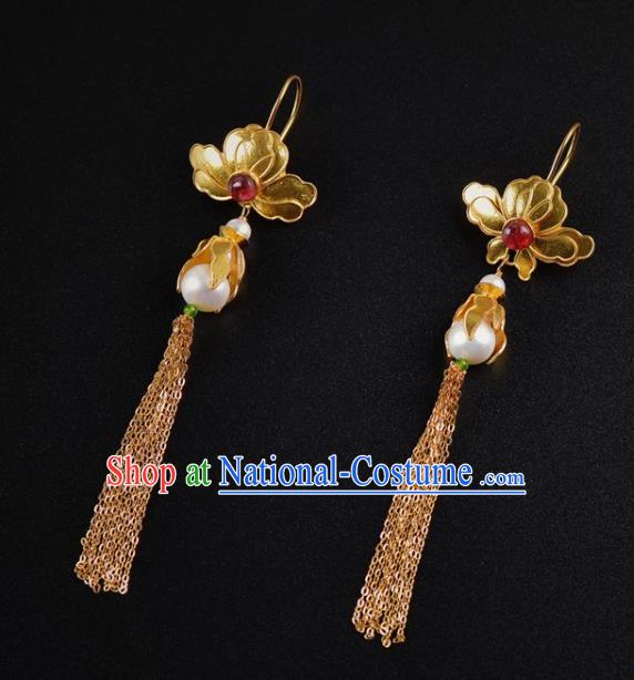 Handmade Chinese Ancient Court Queen Golden Peony Ear Jewelry Traditional Tang Dynasty Tassel Earrings Accessories