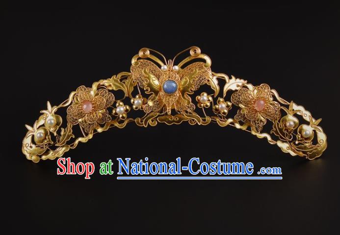 China Ancient Empress Golden Butterfly Hair Crown Traditional Ming Dynasty Palace Pearls Hairpin Handmade Hair Jewelry