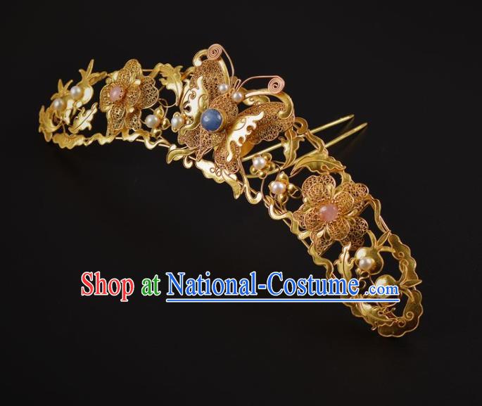 China Ancient Empress Golden Butterfly Hair Crown Traditional Ming Dynasty Palace Pearls Hairpin Handmade Hair Jewelry