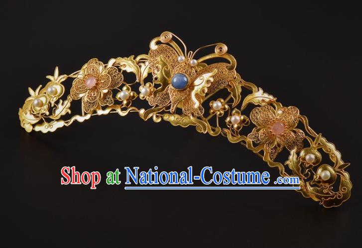 China Ancient Empress Golden Butterfly Hair Crown Traditional Ming Dynasty Palace Pearls Hairpin Handmade Hair Jewelry