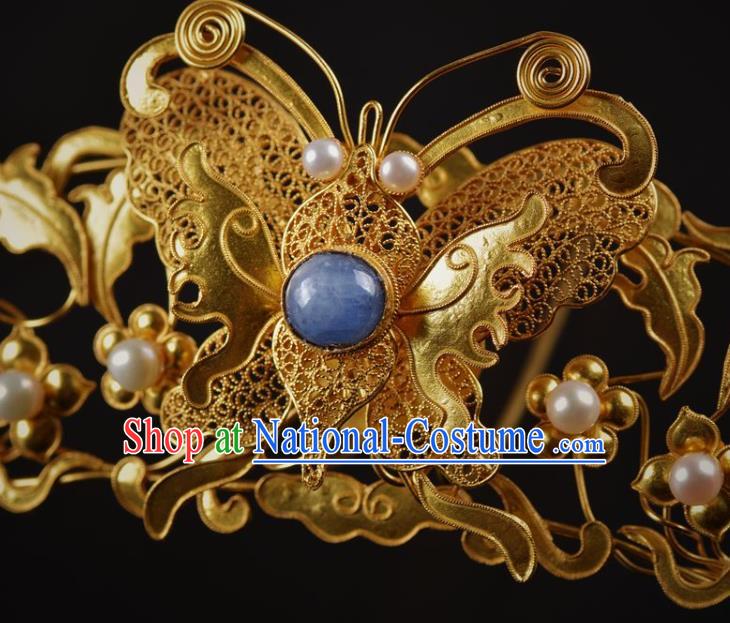 China Ancient Empress Golden Butterfly Hair Crown Traditional Ming Dynasty Palace Pearls Hairpin Handmade Hair Jewelry