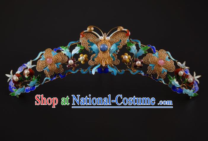 China Traditional Qing Dynasty Palace Pearls Hairpin Handmade Hair Jewelry Ancient Empress Cloisonn Butterfly Hair Crown