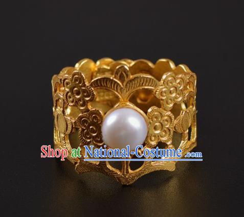 Handmade Chinese Ancient Court Queen Golden Ring Jewelry Traditional Ming Dynasty Pearl Ring Accessories