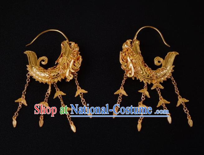 Handmade Chinese Ancient Court Empress Golden Carp Ear Jewelry Traditional Ming Dynasty Palace Earrings Accessories