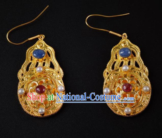 Handmade Chinese Traditional Tang Dynasty Palace Golden Earrings Accessories Ancient Court Empress Pearls Ear Jewelry