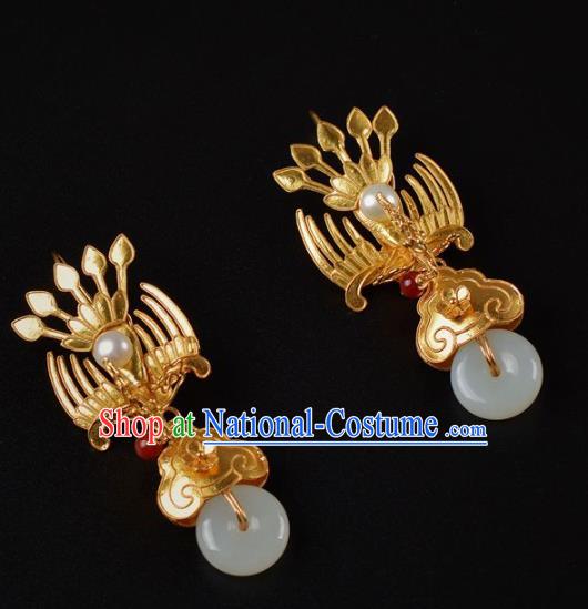 Handmade Chinese Traditional Qing Dynasty Palace Golden Phoenix Earrings Accessories Ancient Court Empress Jade Ring Ear Jewelry