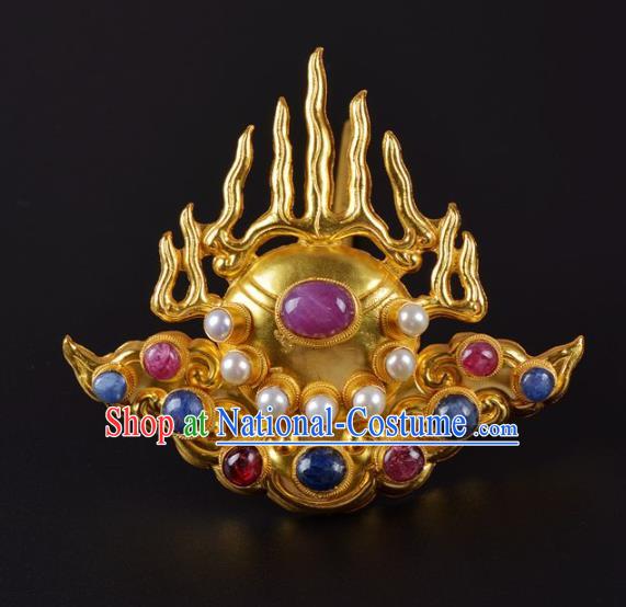 China Handmade Hair Jewelry Ancient Empress Golden Flame Hairpin Traditional Ming Dynasty Palace Gems Hair Crown