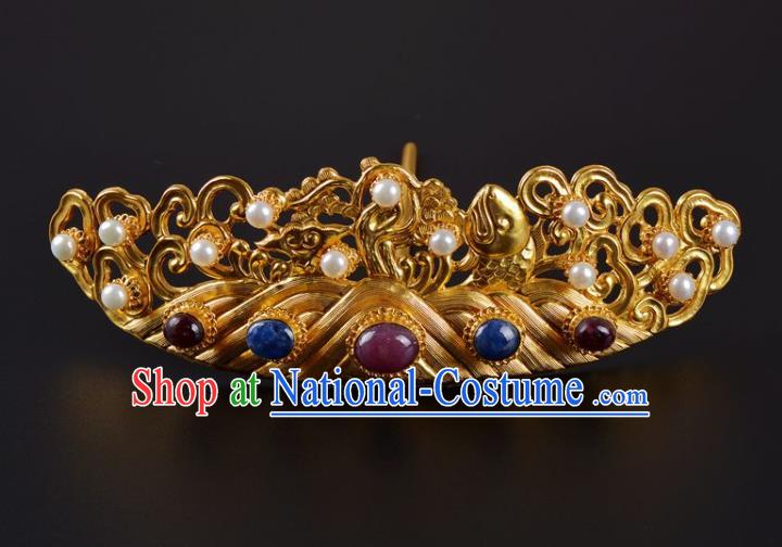 China Traditional Ming Dynasty Palace Pearls Golden Hair Crown Handmade Hair Jewelry Ancient Empress Gems Hairpin