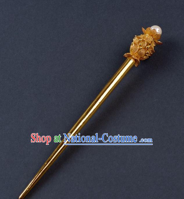 China Traditional Tang Dynasty Palace Hair Stick Handmade Hair Jewelry Ancient Empress Pearl Golden Lotus Hairpin